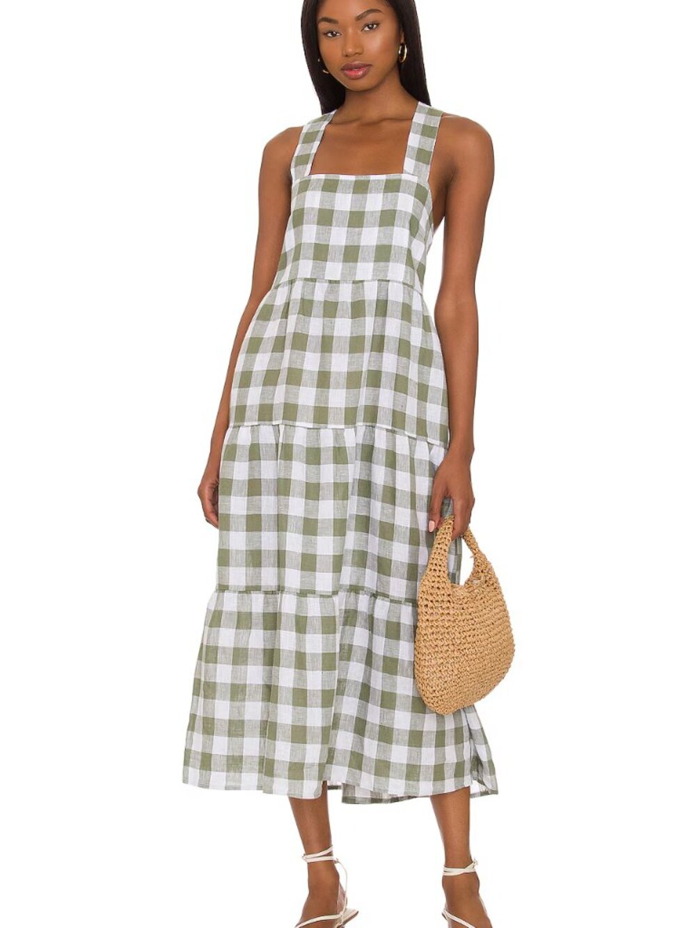 vitamin A Canyon Midi Dress Green and White Gingham Tiered Sundress